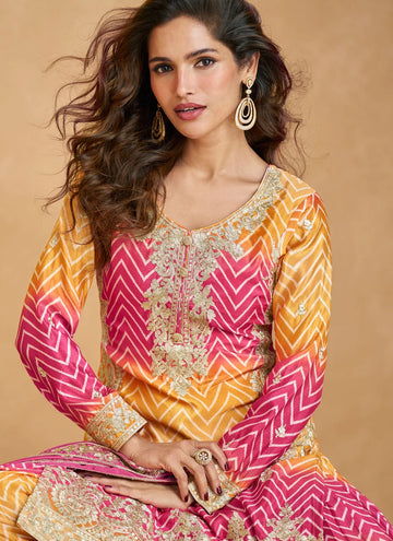 Beautiful Chinon silk Designer Palazzo suit with sequin embroidery for Haldi event.